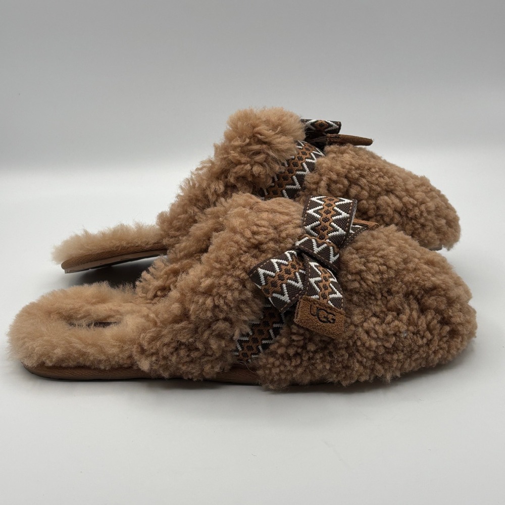 UGG Fluffette Slippers Women 9 Chestnut Brown Sheepskin Bow Cabin Hygge Lounge